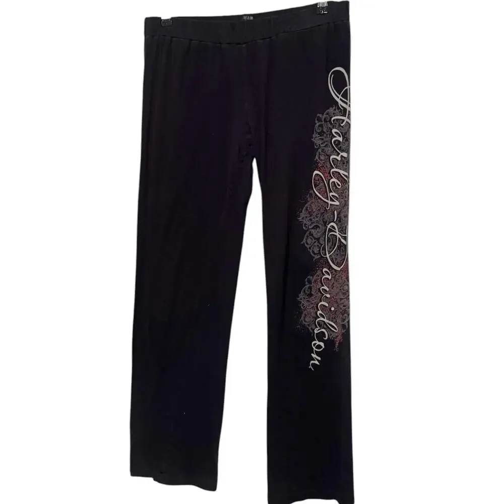 Y2K Harley Davidson Womens Sz L Black Spell Out Graphic Straight Leg Sweatpants